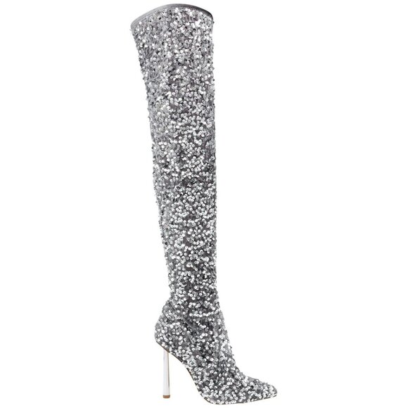 NWT Steve Madden Vivee Sequin Over-The-Knee Dress Boots Silver Sequin Gray 9.5M - Picture 2 of 13
